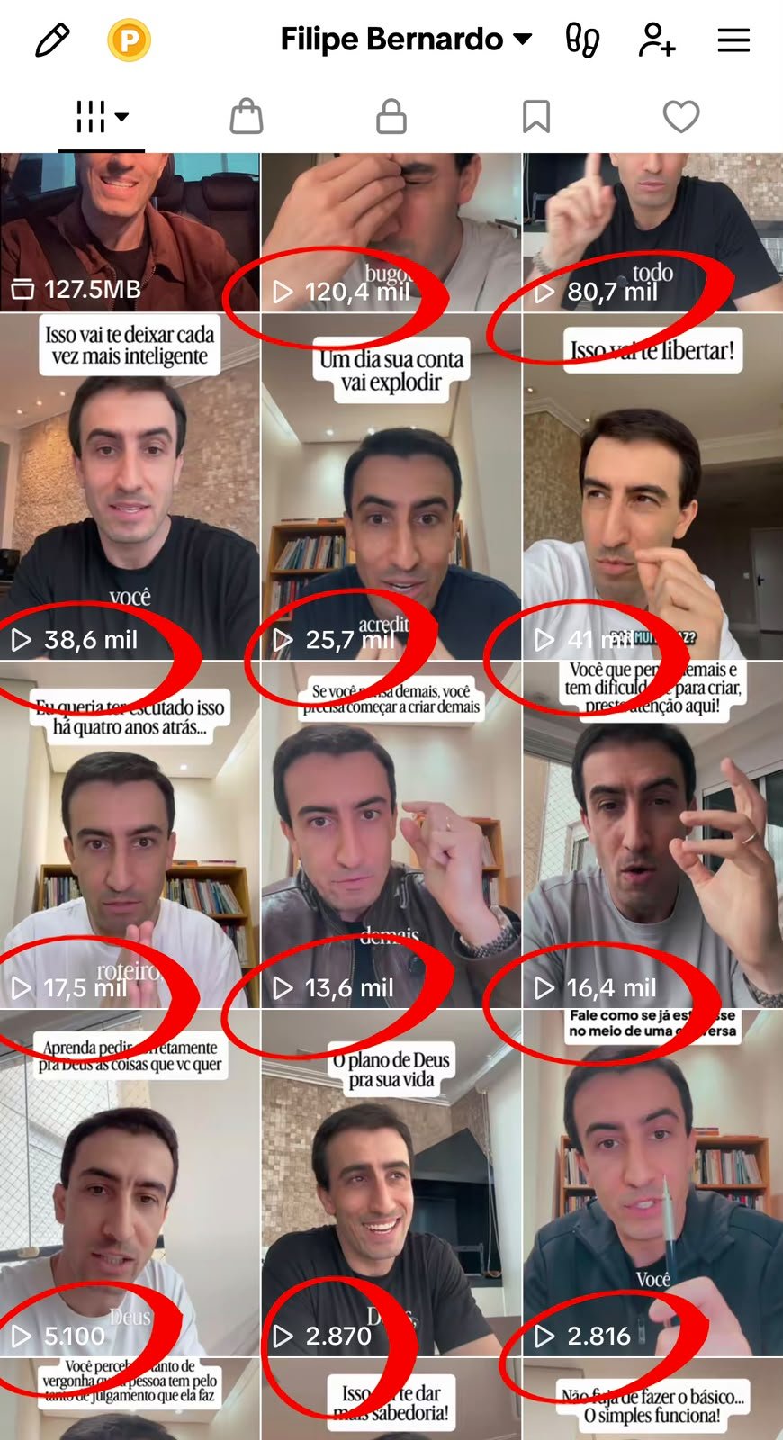 Perfil com vídeos de dezenas de milhares de visualizações